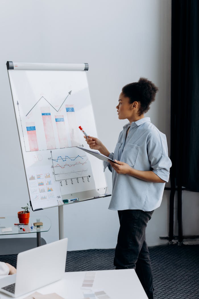 African American woman presenting data using graphs in a meeting room setting.